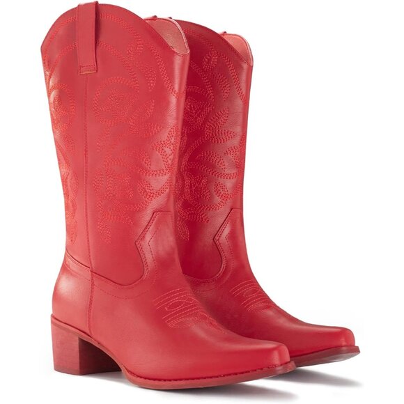 Women's Red Pointy Toe Faux Leather Western Cowgirl Mid Calf Boots - Picture 7 of 7